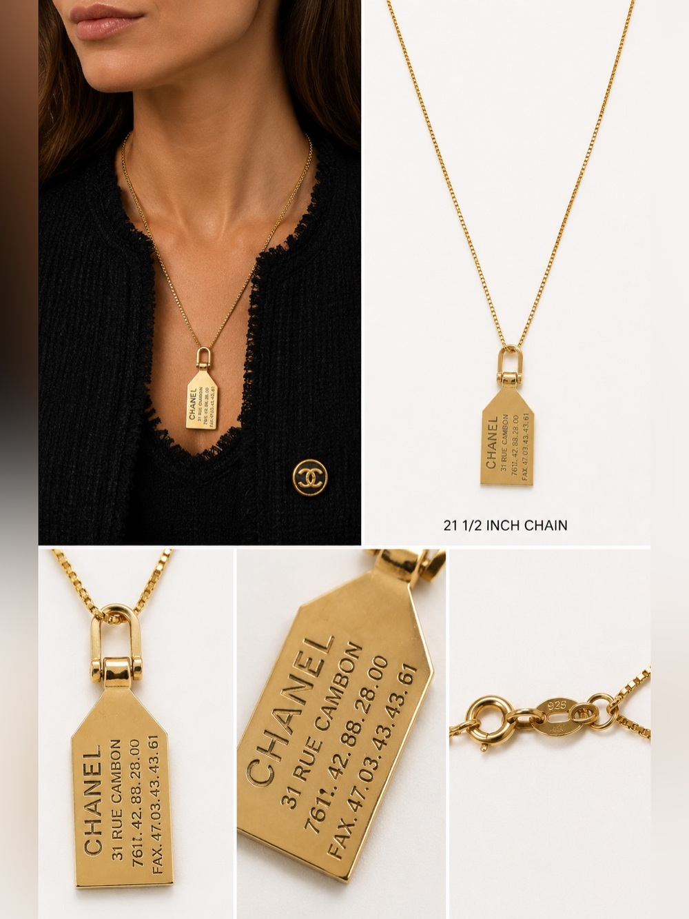 Authentic Vintage Chanel Rue Cambon Tag Necklace- Gold